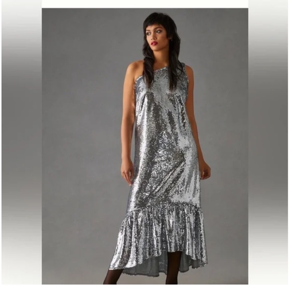 Maeve one shoulder silver sequin midi dress anthropologie - Picture 3 of 14